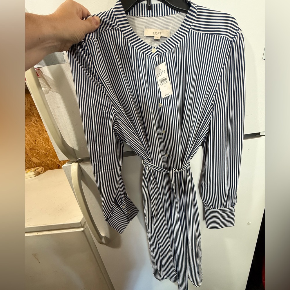 LOFT Navy and White Striped Blouse